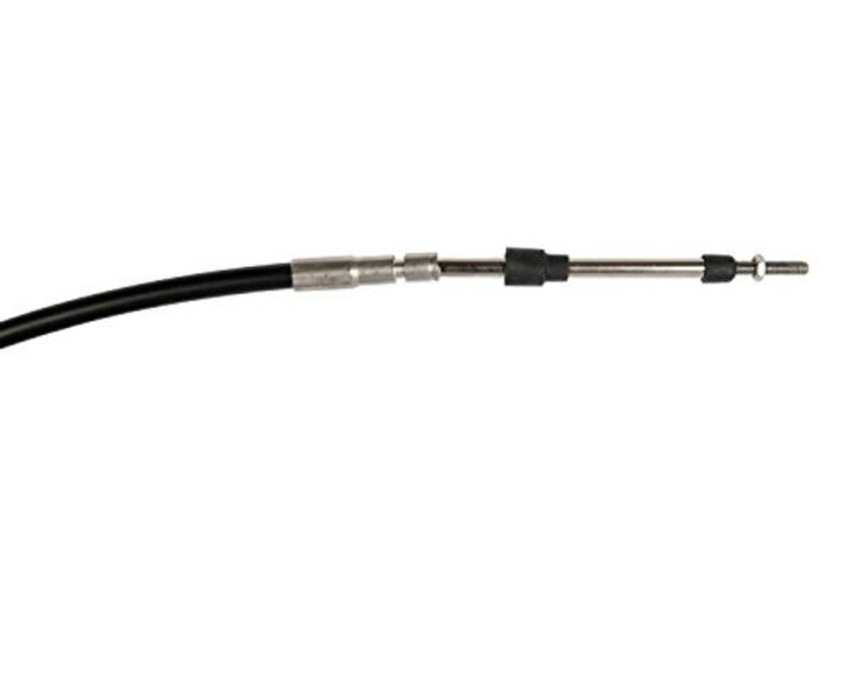 Control cable section with black jacket, silver sleeves, and end fittings