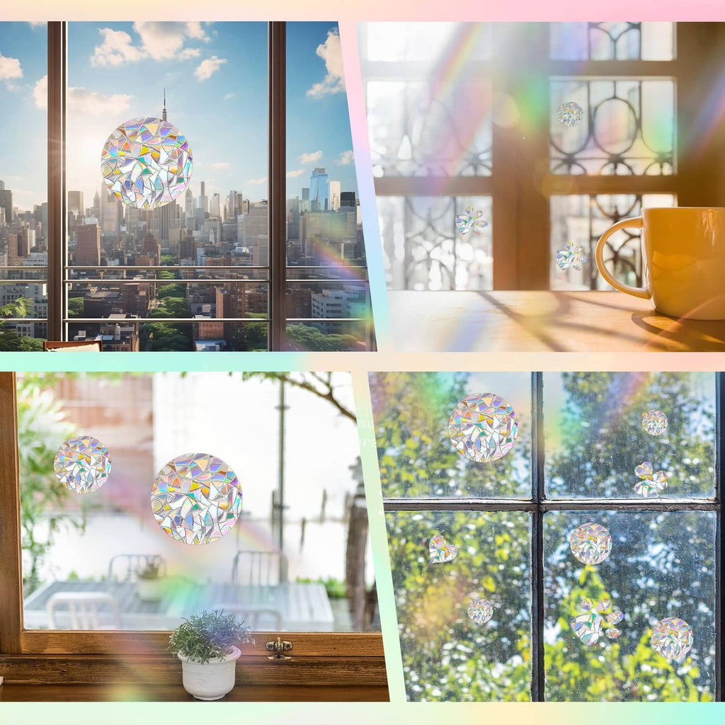 Prism mosaic window decals on glass, round and oval rainbow patterns