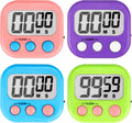 Kids digital countdown timer in pink, purple, blue, and lime with LCD display and buttons