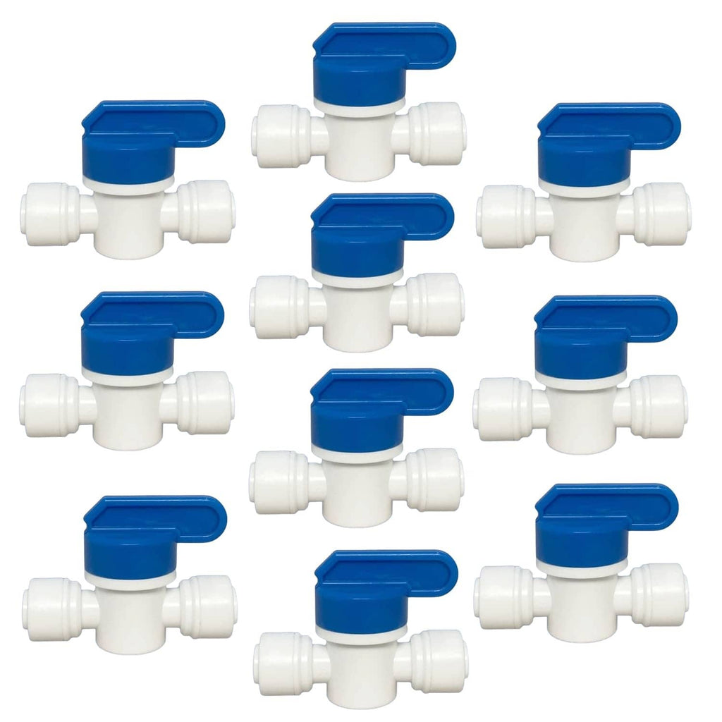 Inline shut-off ball valve set with blue lever and white tube ports (3/8 in OD)