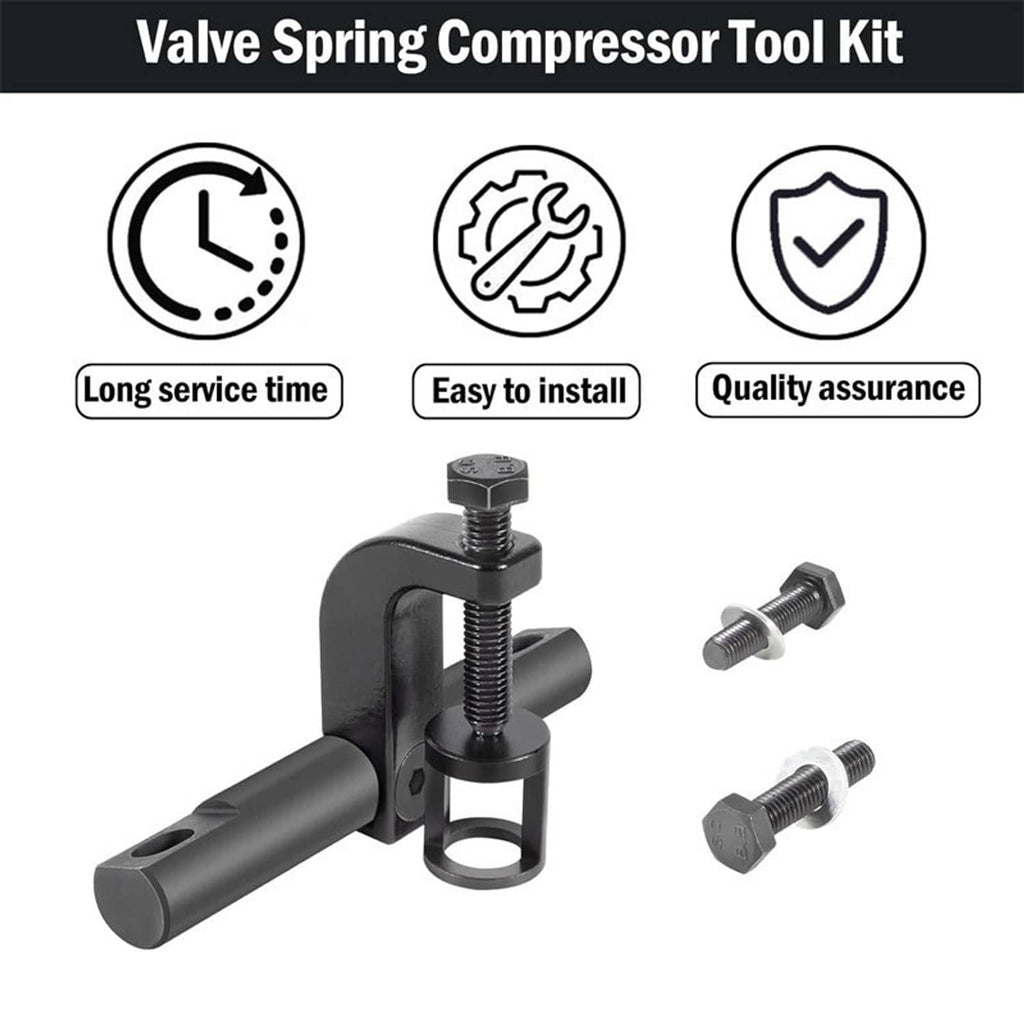 Valve spring compressor tool kit with black clamp body, long handle, and bolts