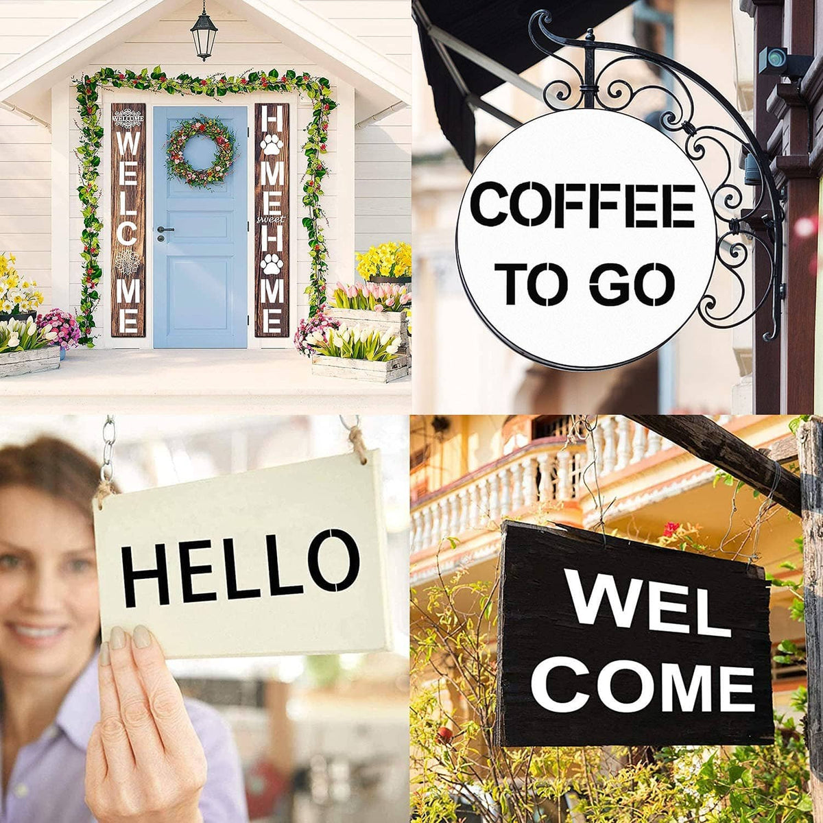 Greeting signs with stencil-style words: HELLO, COFFEE TO GO, and WEL COME