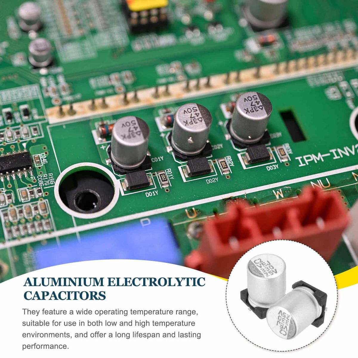 Aluminum electrolytic capacitors mounted on a green circuit board