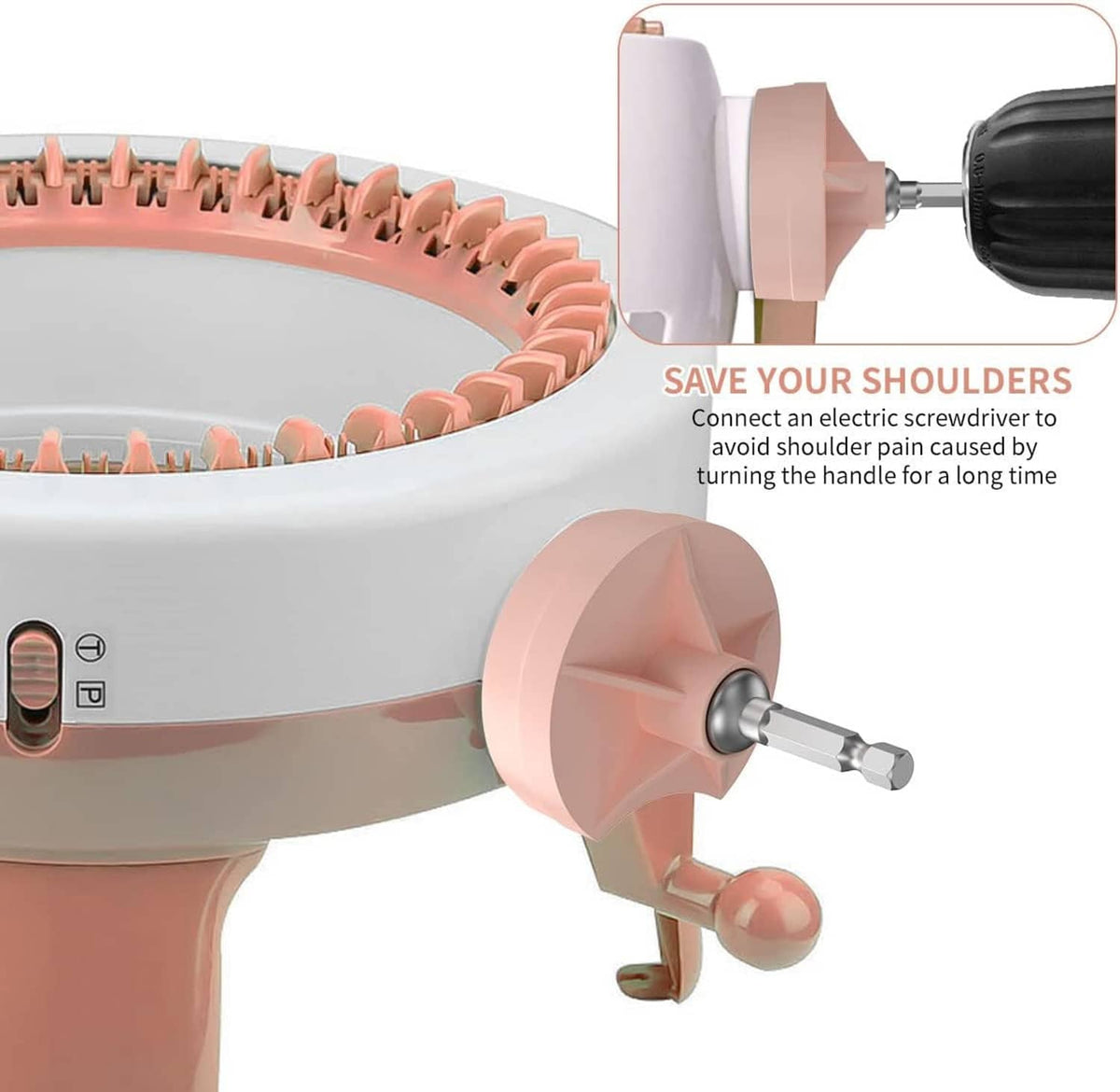 Pink knitting machine adapter attachment with inserted screwdriver bit