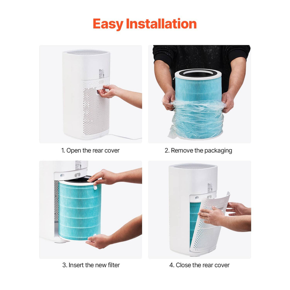 Blue air purifier filter replacement shown being installed, with black top and white rim