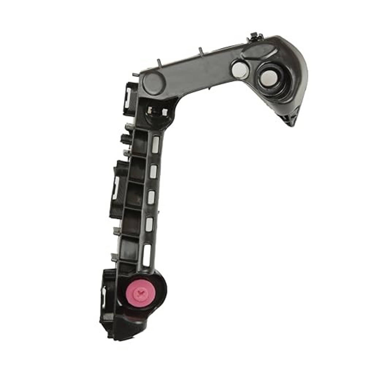 Single front bumper bracket retainer, black plastic frame with pink button insert and round socket