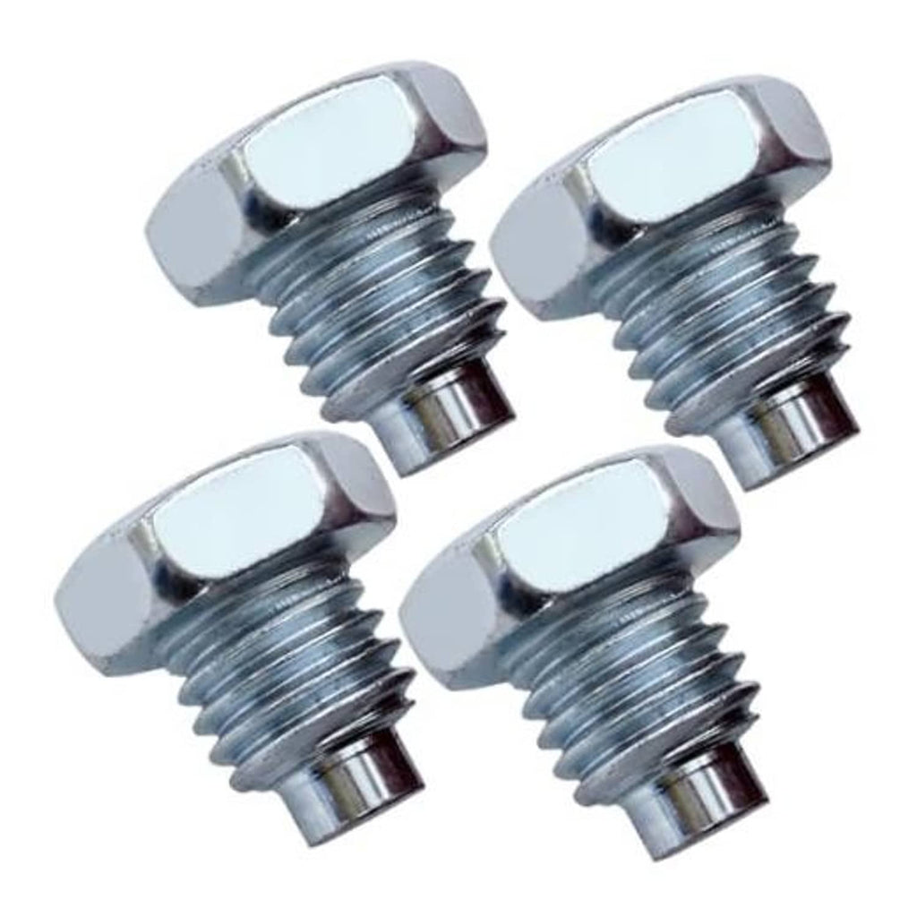 Set of four silver steel floor jack handle bolts with hex heads and threaded shafts