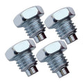 Set of four silver steel floor jack handle bolts with hex heads and threaded shafts