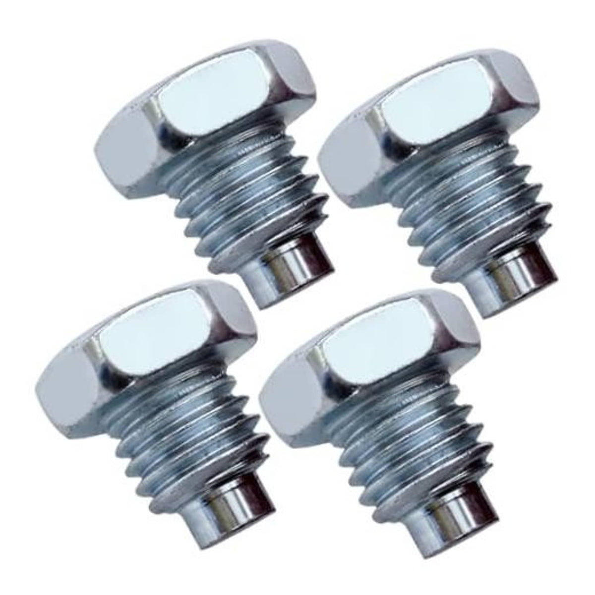 Set of four silver steel floor jack handle bolts with hex heads and threaded shafts