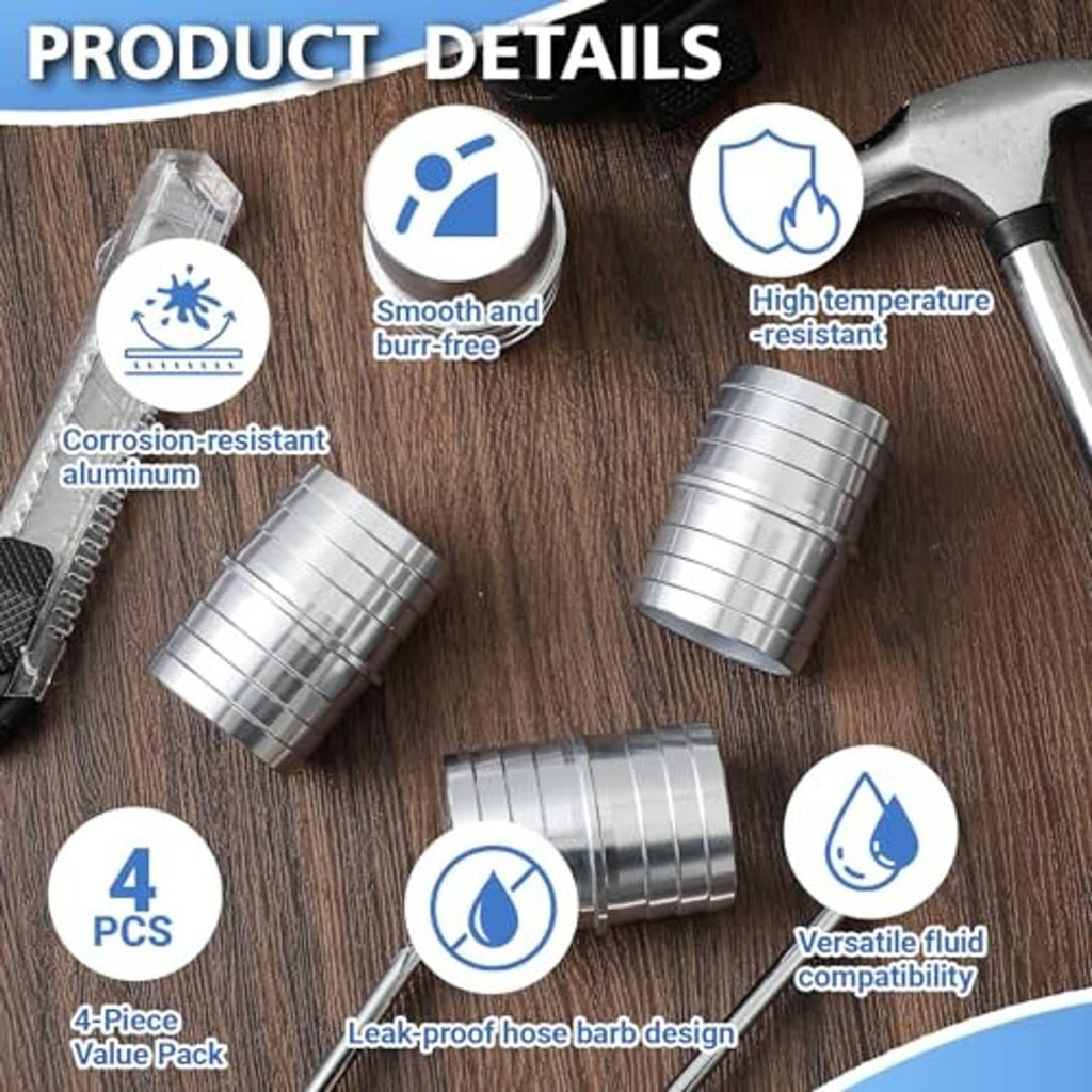 Four aluminum hose barb couplers, silver ridged sleeves in a 4-piece pack