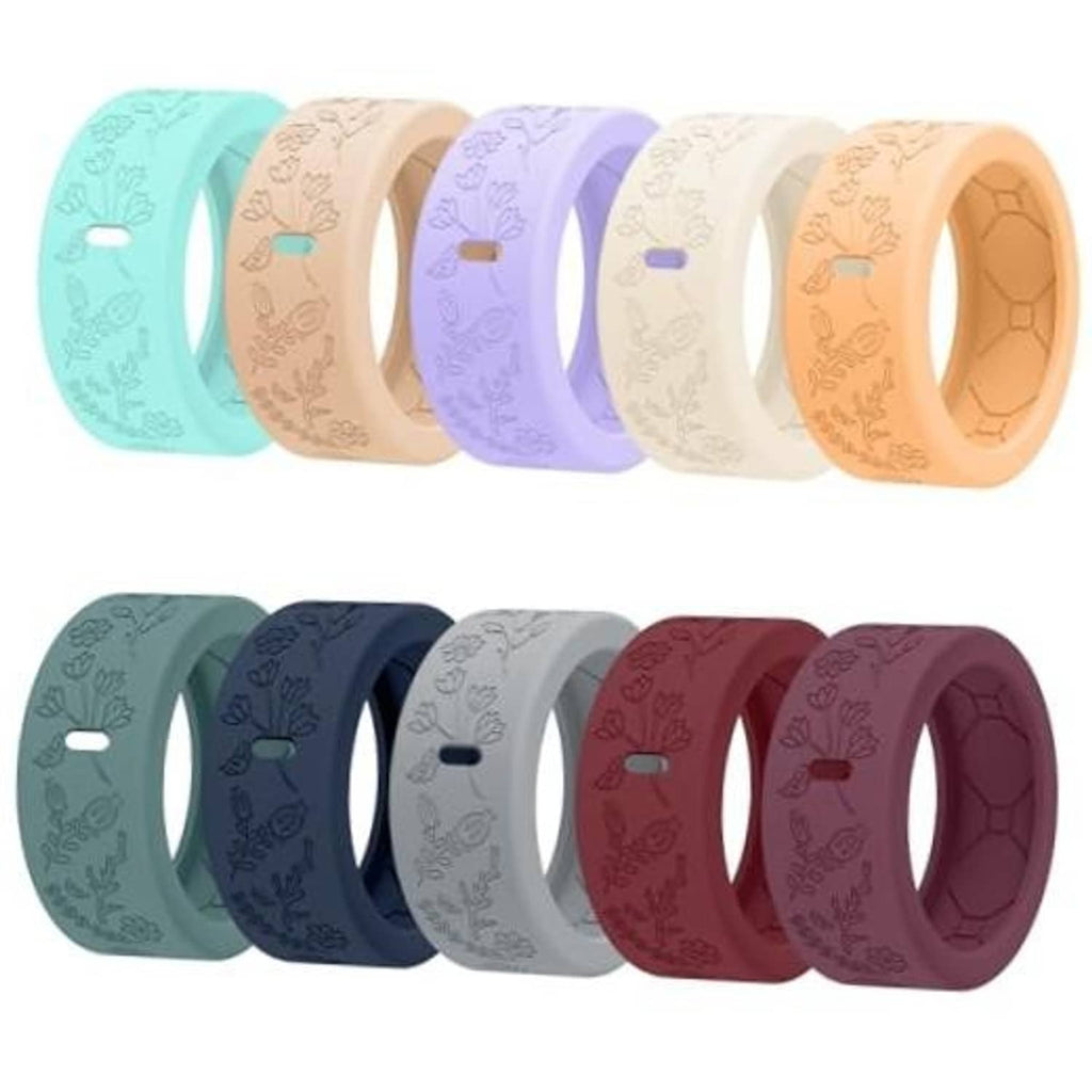 Floral engraved silicone Oura ring covers in multiple colors, set of 10 sizes 4–10