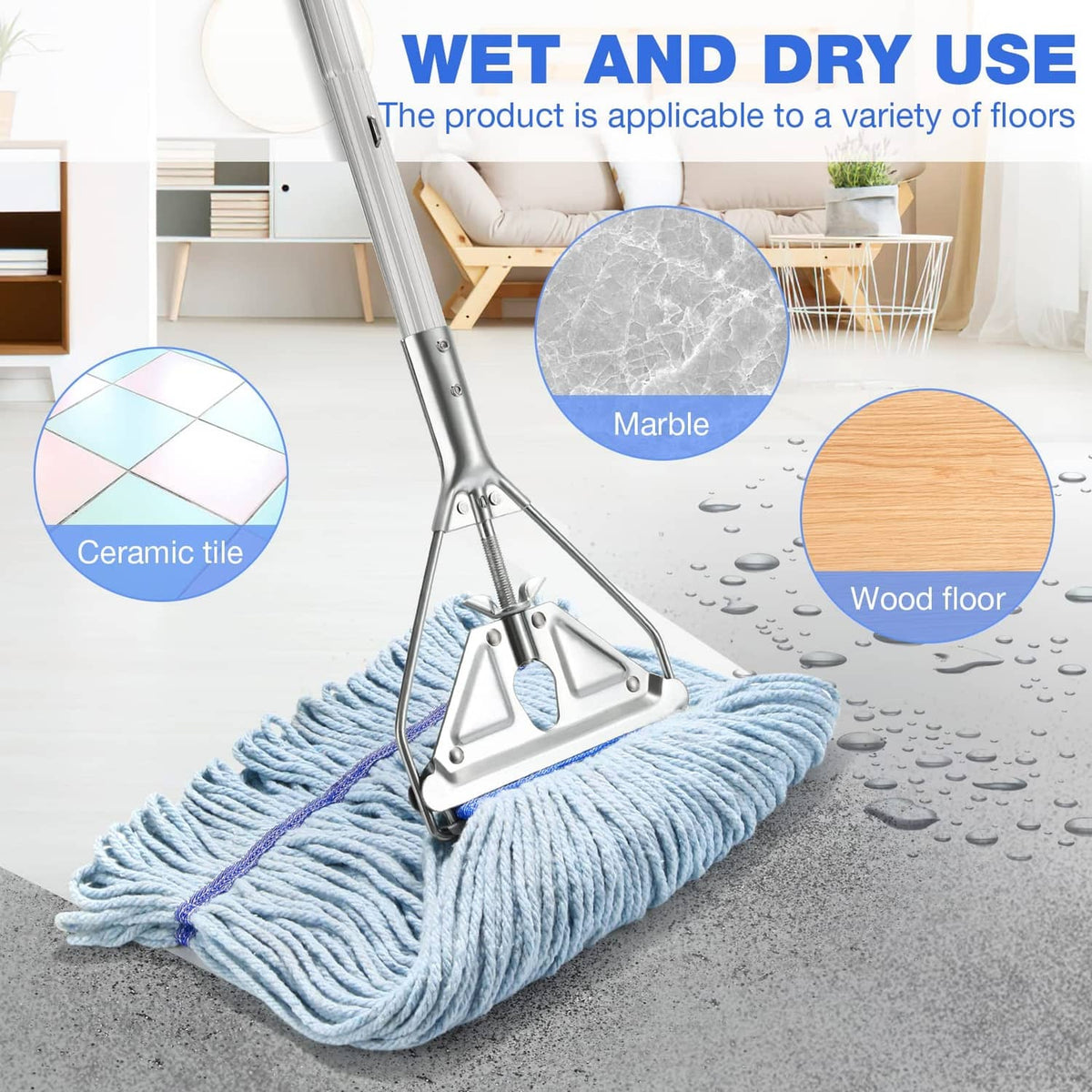 String mop with light blue absorbent mop head on wet floor for cleaning