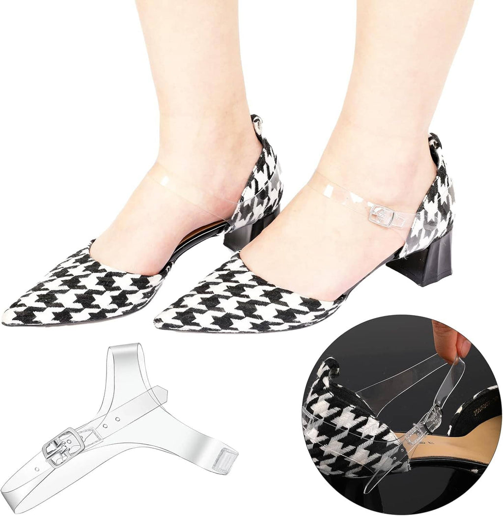 Houndstooth high-heel shoes with clear adjustable ankle strap and metal buckle