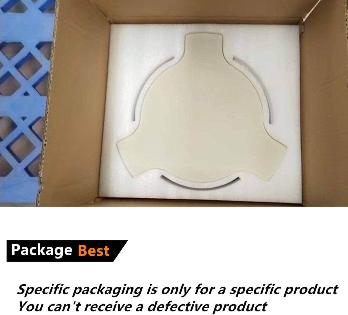 Ceramic heat deflector plate setter in box, light cream curved insert with cutouts