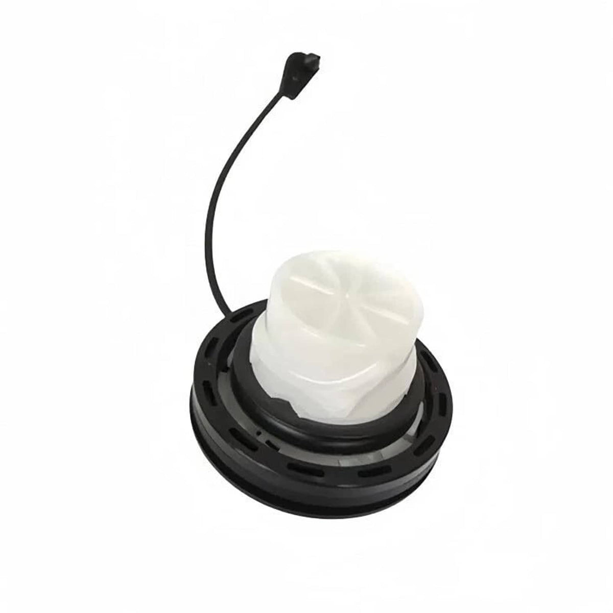 Black fuel cap base holding a white cap cover, with attached cable