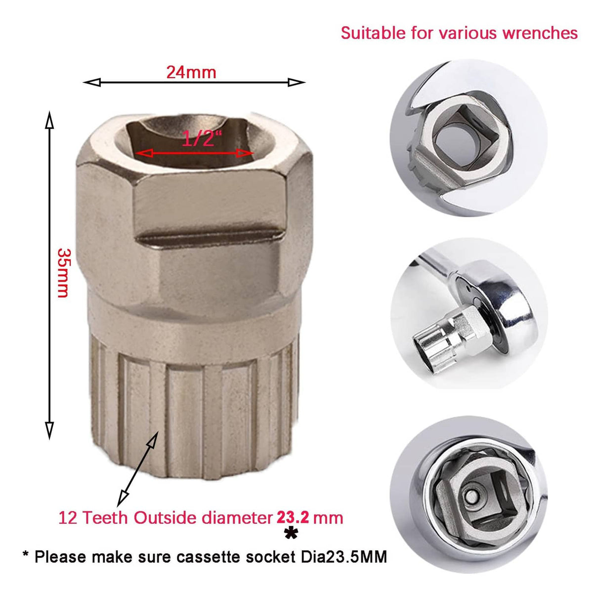 Cassette socket adapter, silver 24mm size, 1/2 in drive, 12-tooth freewheel
