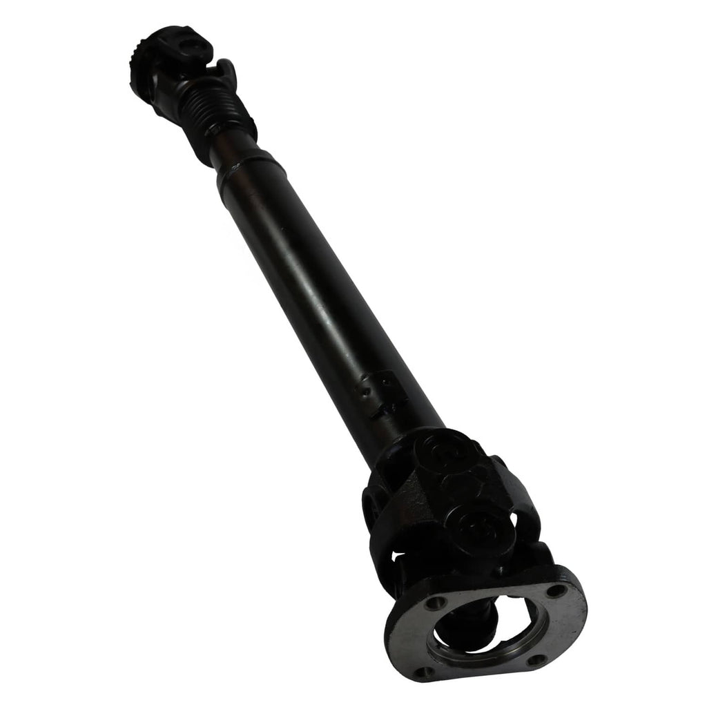 Front drive shaft with flange end and circular opening, black tube and joint housing