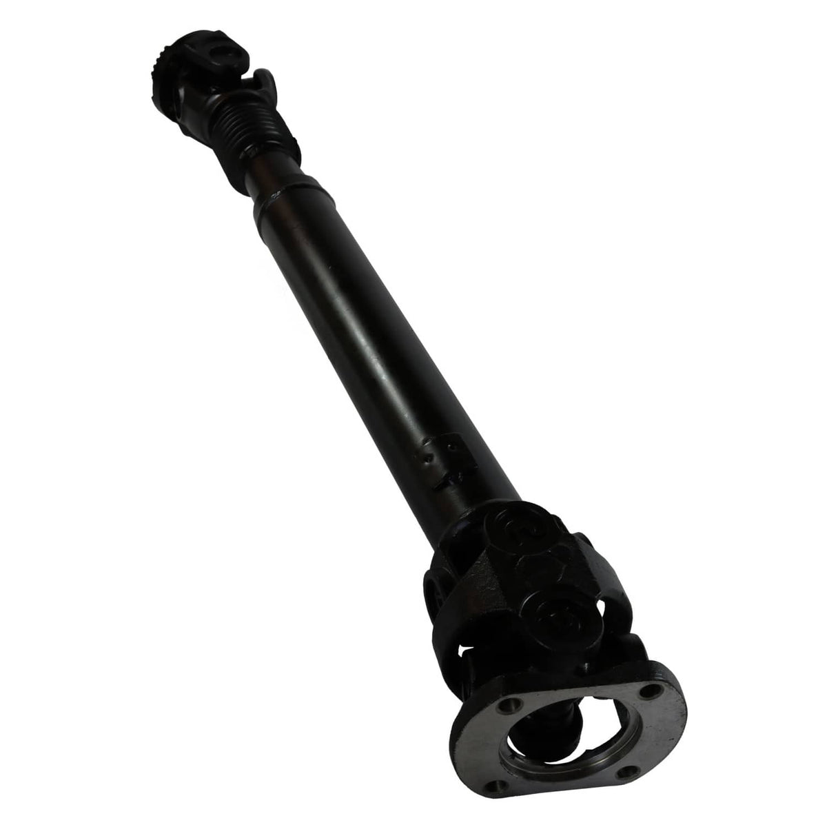 Front drive shaft with flange end and circular opening, black tube and joint housing
