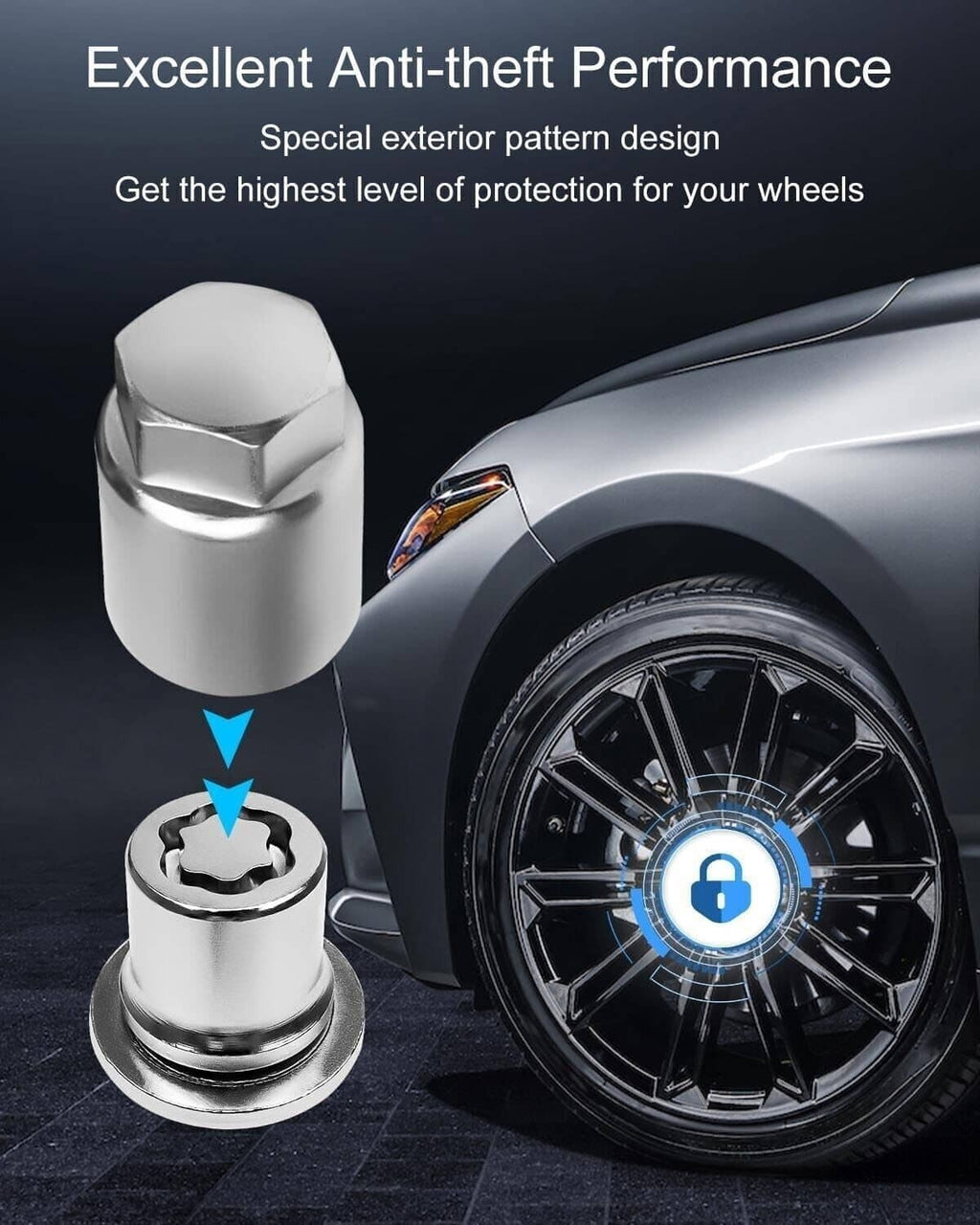 Chrome wheel lock lug nut with star key drive and removal key, anti-theft styled display