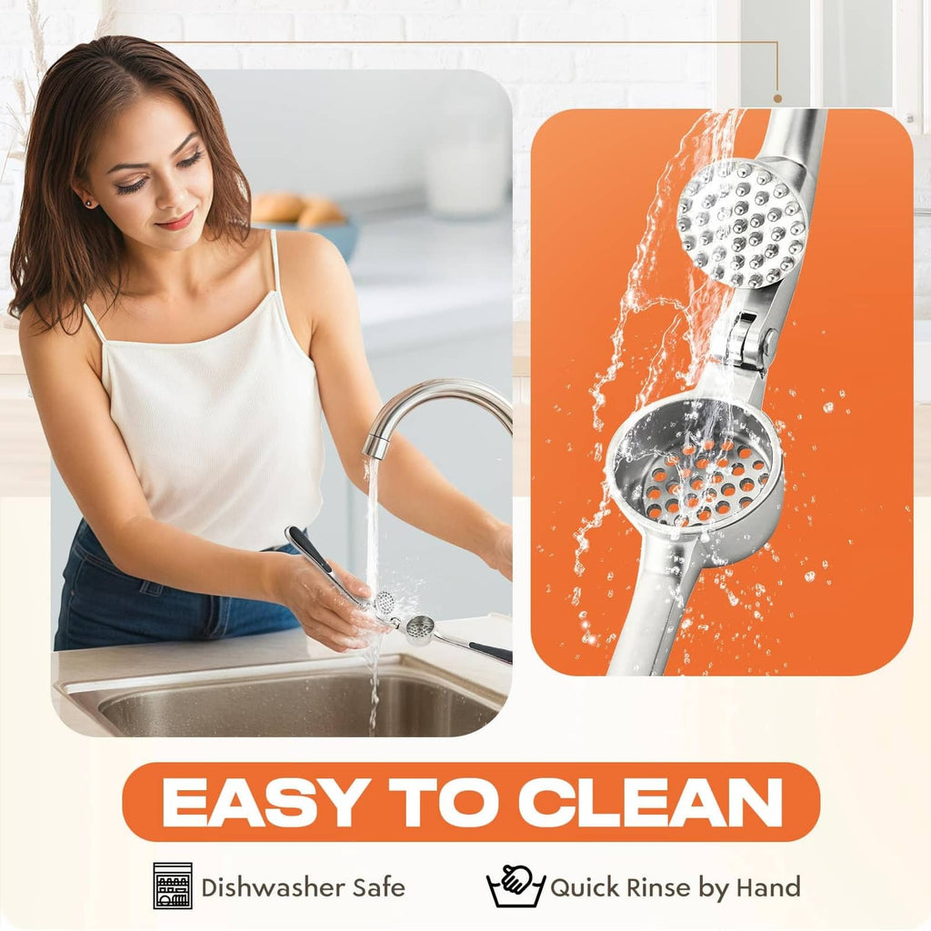 Stainless steel garlic press with perforated plate under water spray, easy-to-clean