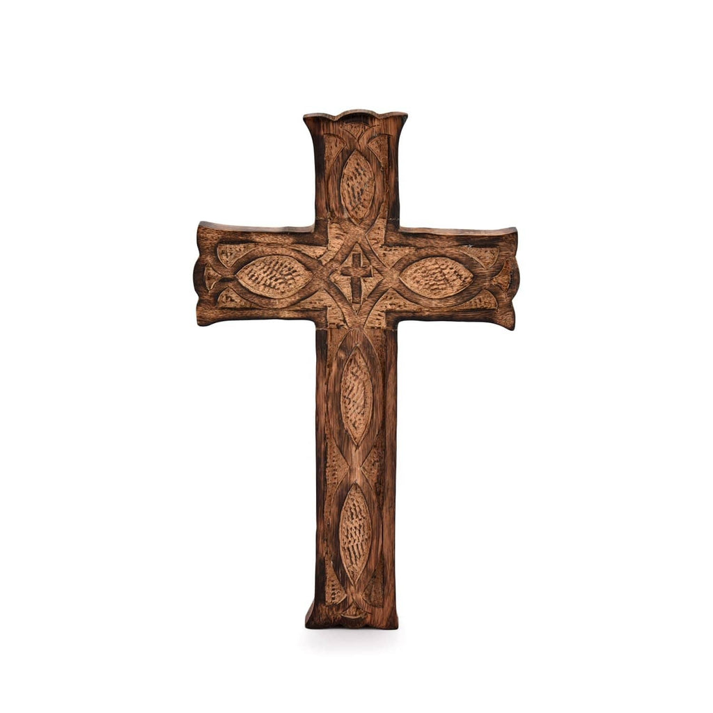 Handmade wooden wall cross, dark brown carved design with fish and star motifs