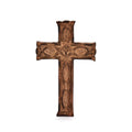 Handmade wooden wall cross, dark brown carved design with fish and star motifs