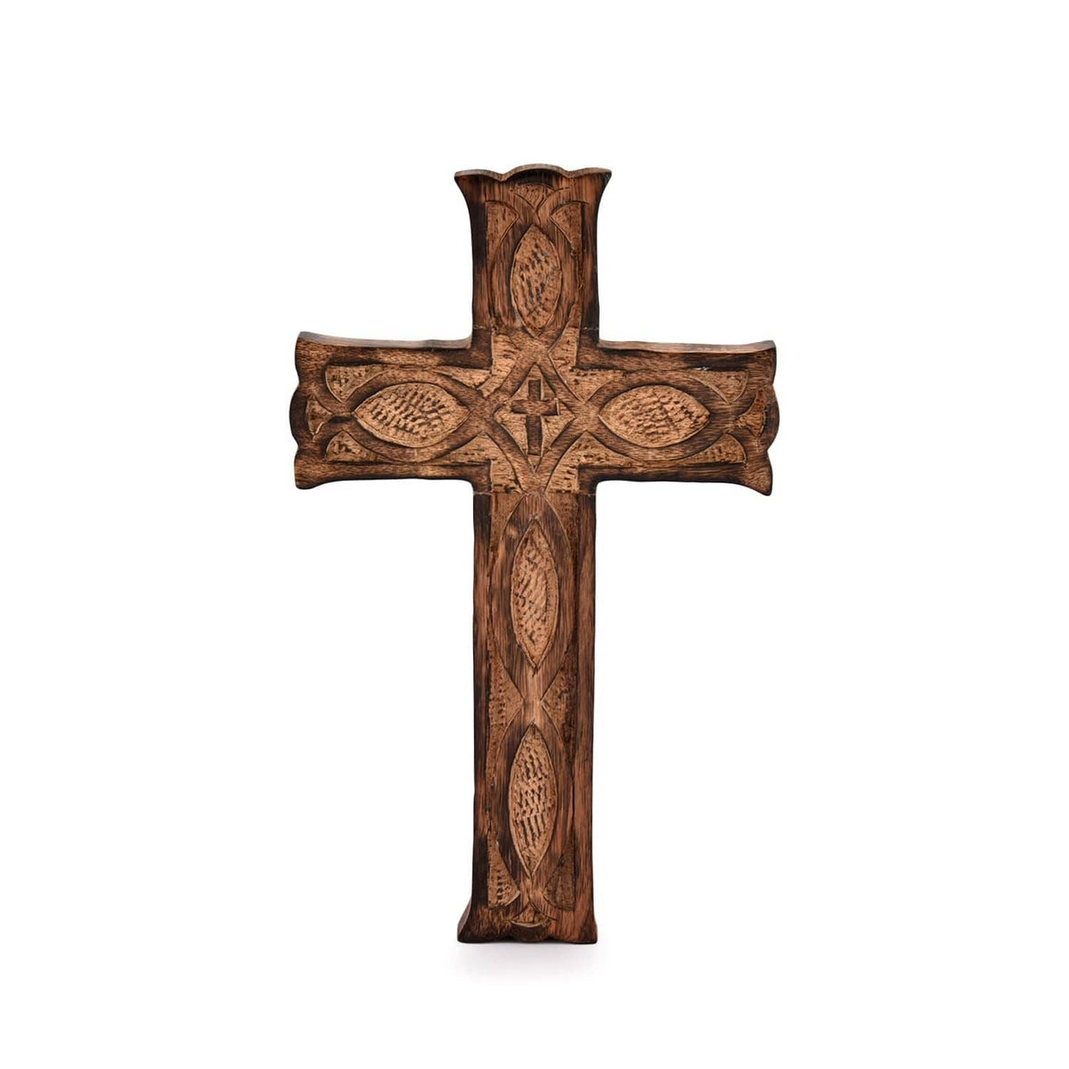 Handmade wooden wall cross, dark brown carved design with fish and star motifs