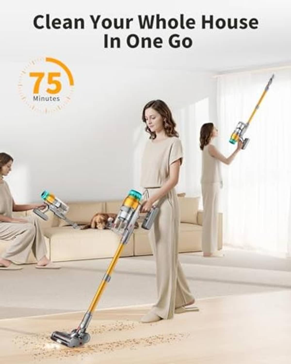 Cordless stick vacuum cleaner with yellow-gold wand and teal dust canister