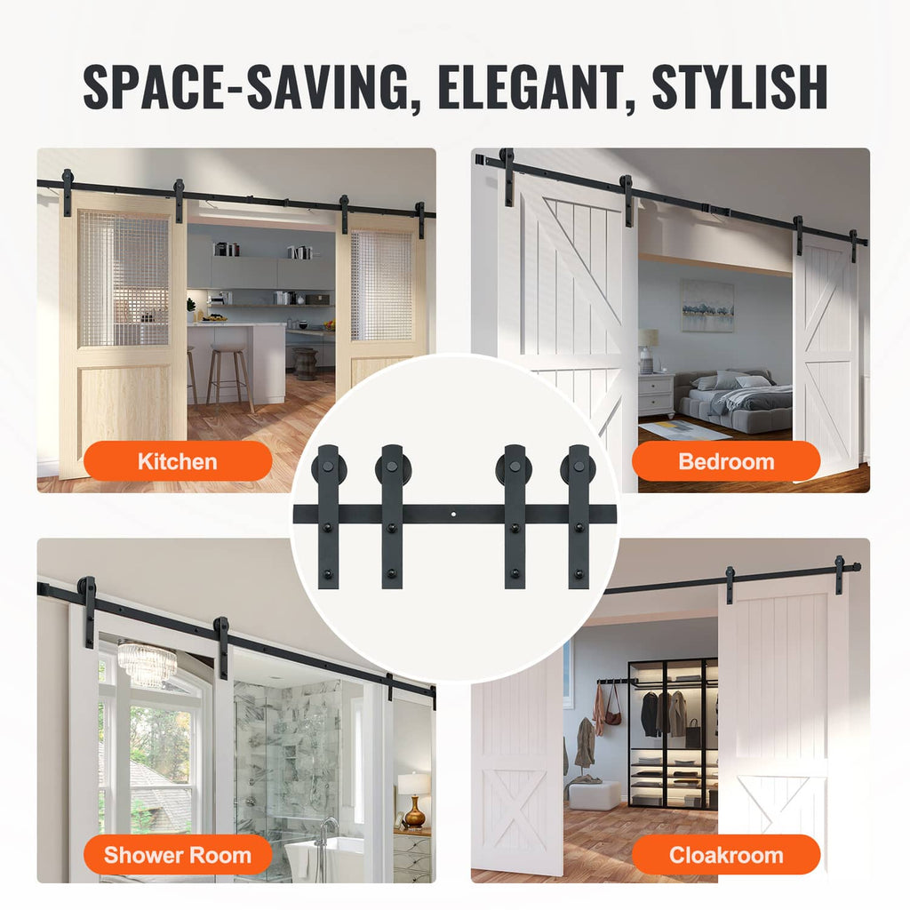 Black barn door track hardware with multiple hangers for closet door applications