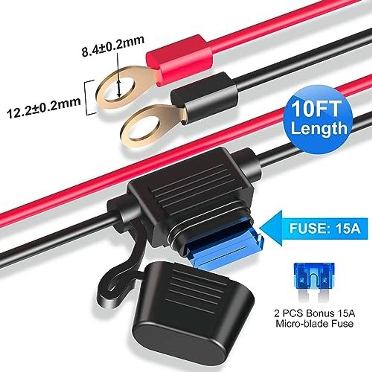 Black HURMAI car charger with 10ft cable and fuse holder, red and black leads