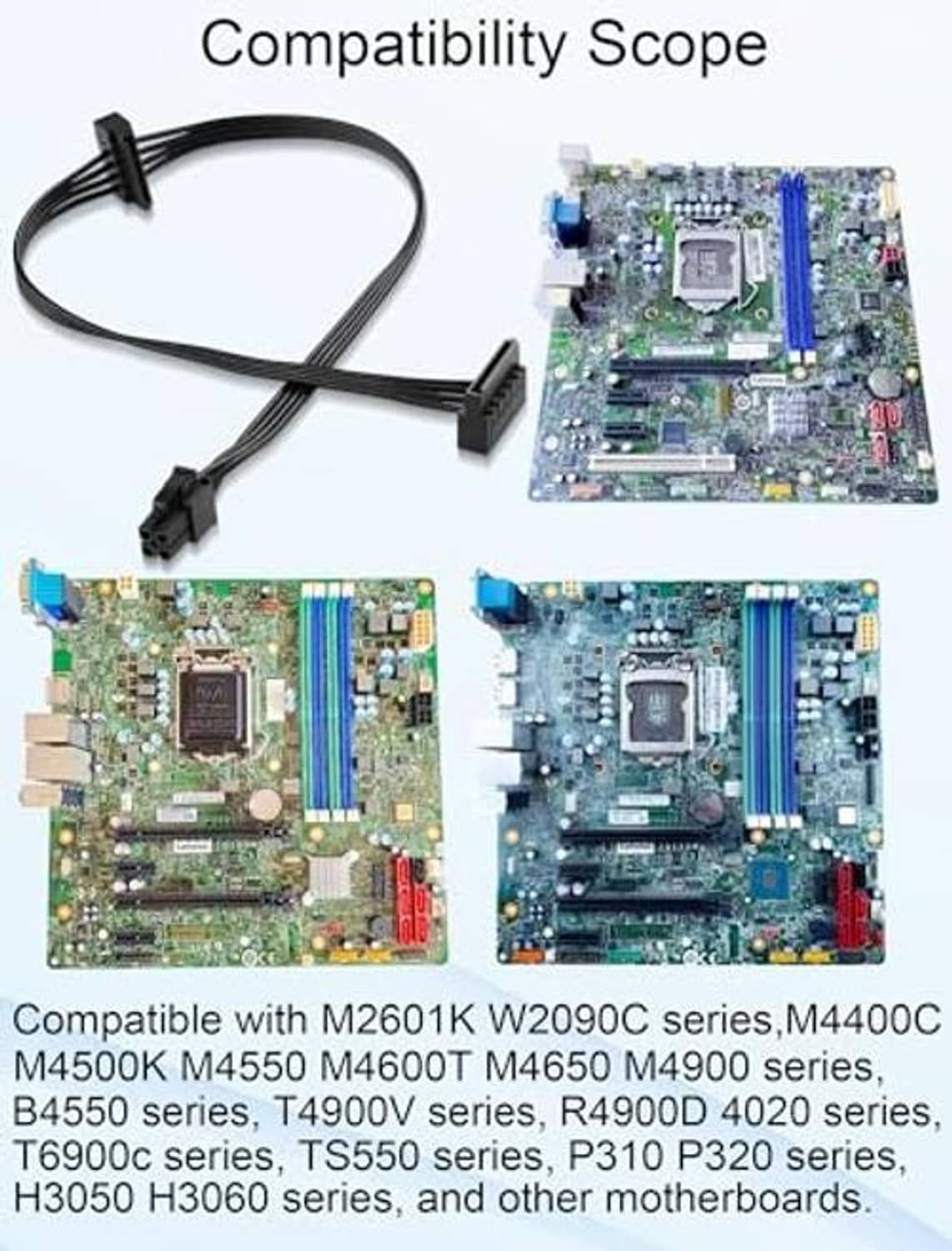 Compatibility scope showing ATX motherboard models supported by the adapter cable