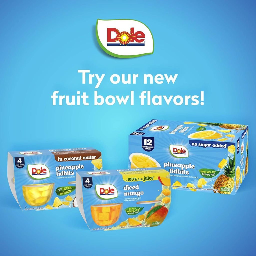 Dole fruit bowl flavors display showing multiple snack boxes, including diced pears