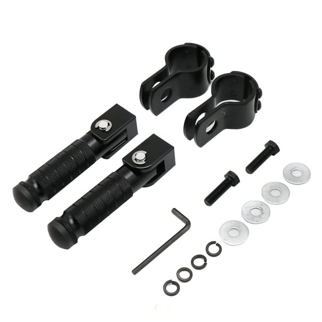 Black motorcycle foot rest brackets kit with textured pegs, screws, and washers