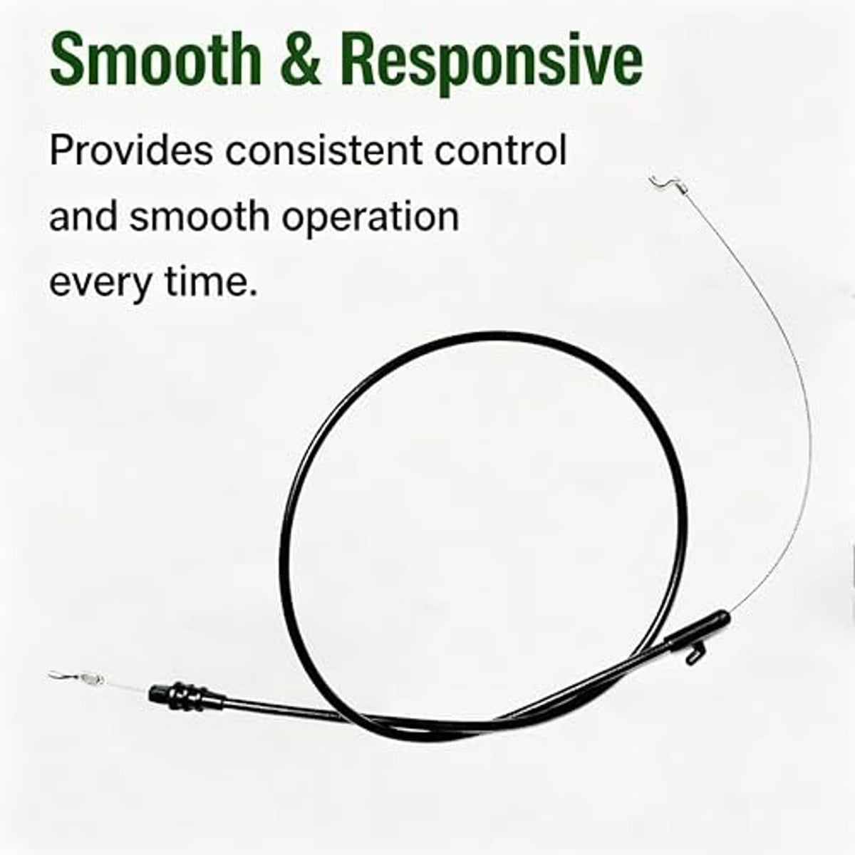 Lawn mower control cable loop with black sheath and spring clip end fittings.