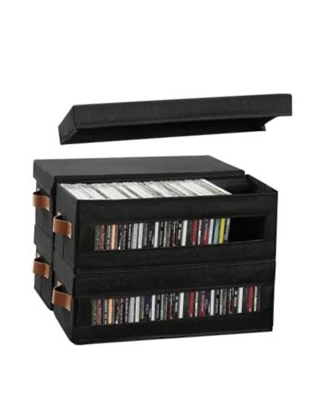 Black stackable CD storage box with hinged lid open and visible window showing CDs