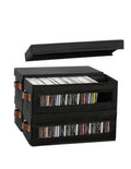 Black stackable CD storage box with hinged lid open and visible window showing CDs