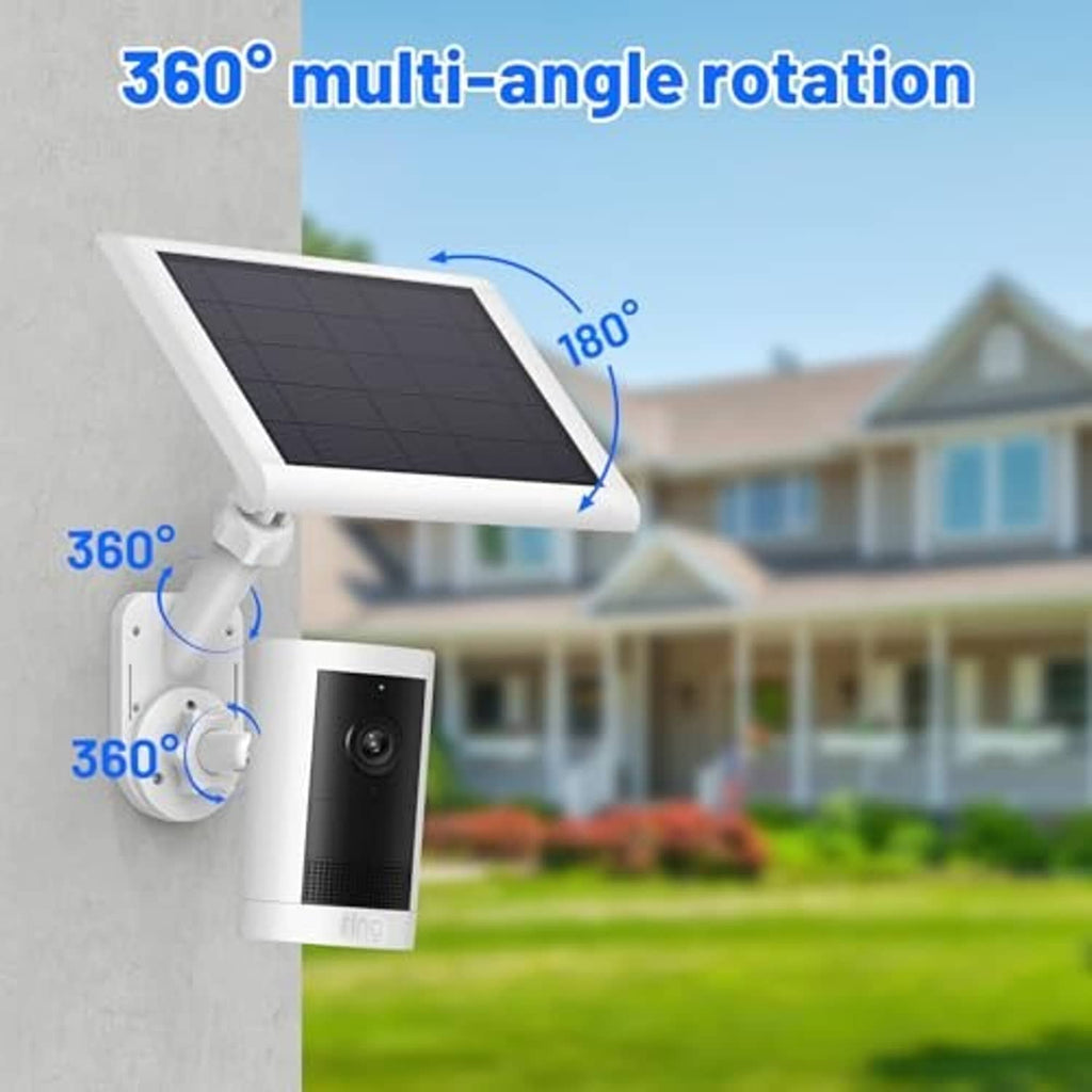 2-in-1 solar wall mount with camera showing 180° and 360° rotation diagram.