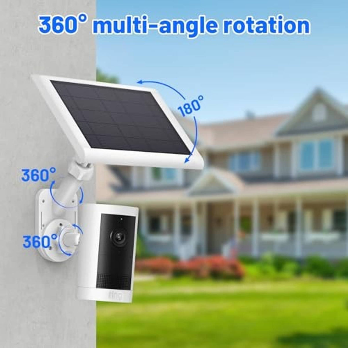 2-in-1 solar wall mount with camera showing 180° and 360° rotation diagram.