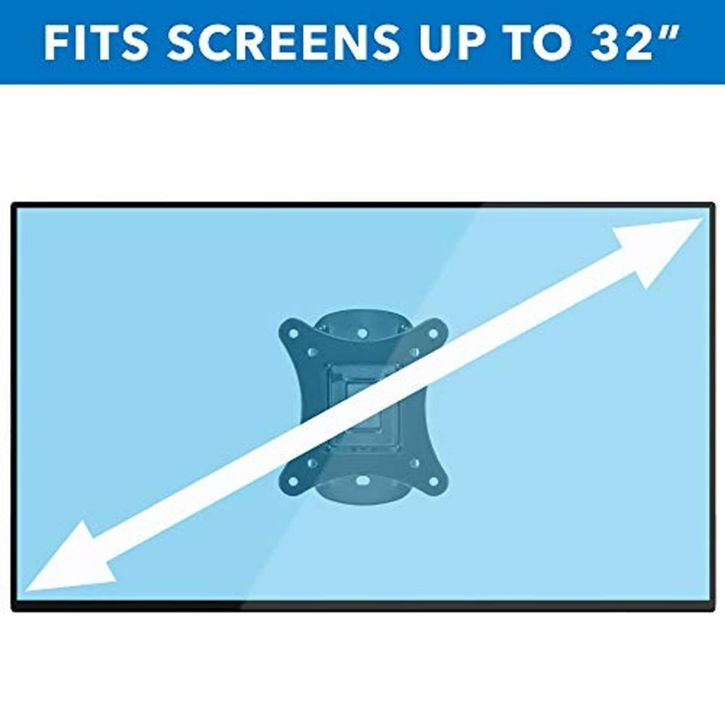 Black tilt TV wall mount bracket behind a TV, fits up to 32-inch screens