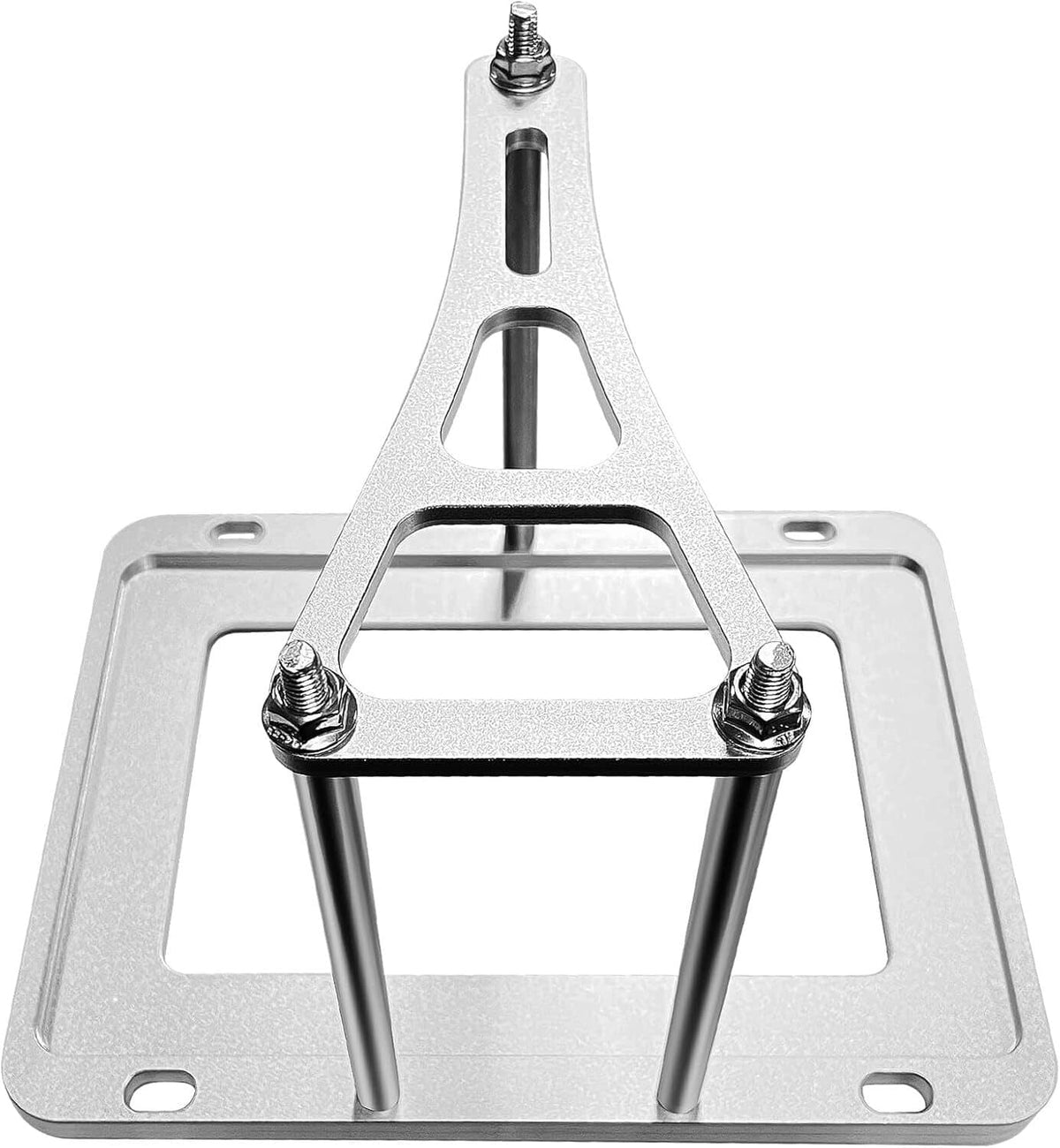 Billet aluminum battery tray hold-down bracket with base plate and threaded studs