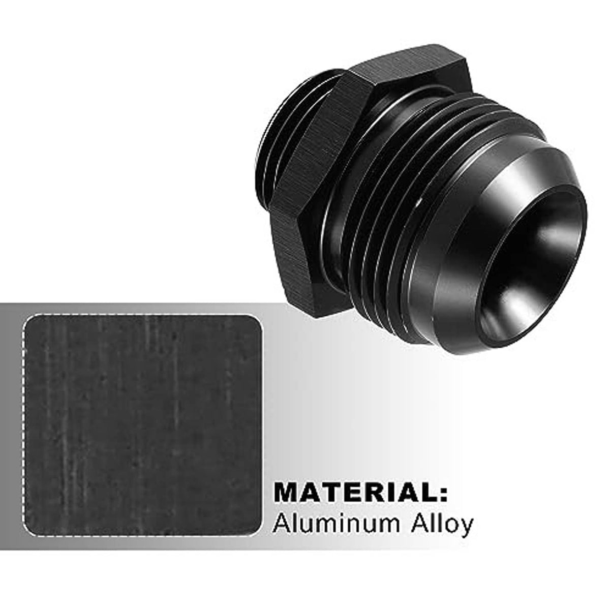 Black anodized aluminum ORB O-ring fuel adapter, threaded male fitting with hex