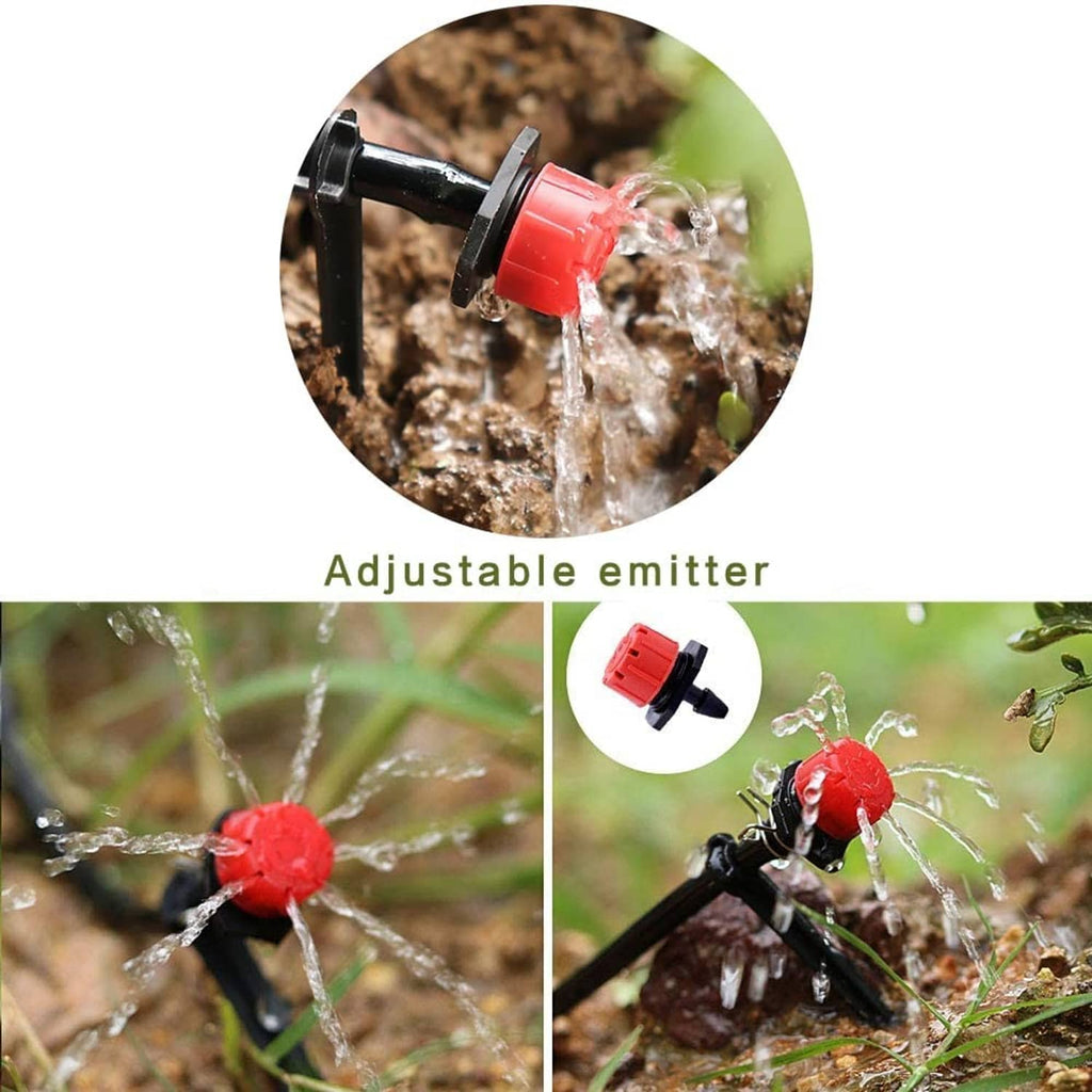Adjustable red drip emitter with nozzle fitted to black irrigation line