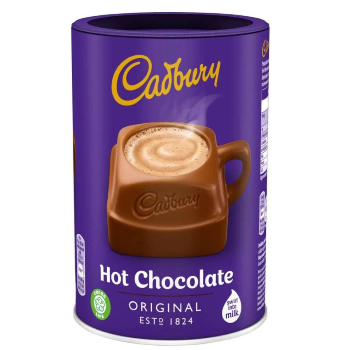Cadbury Hot Chocolate original powder tin with “swirl milk” artwork
