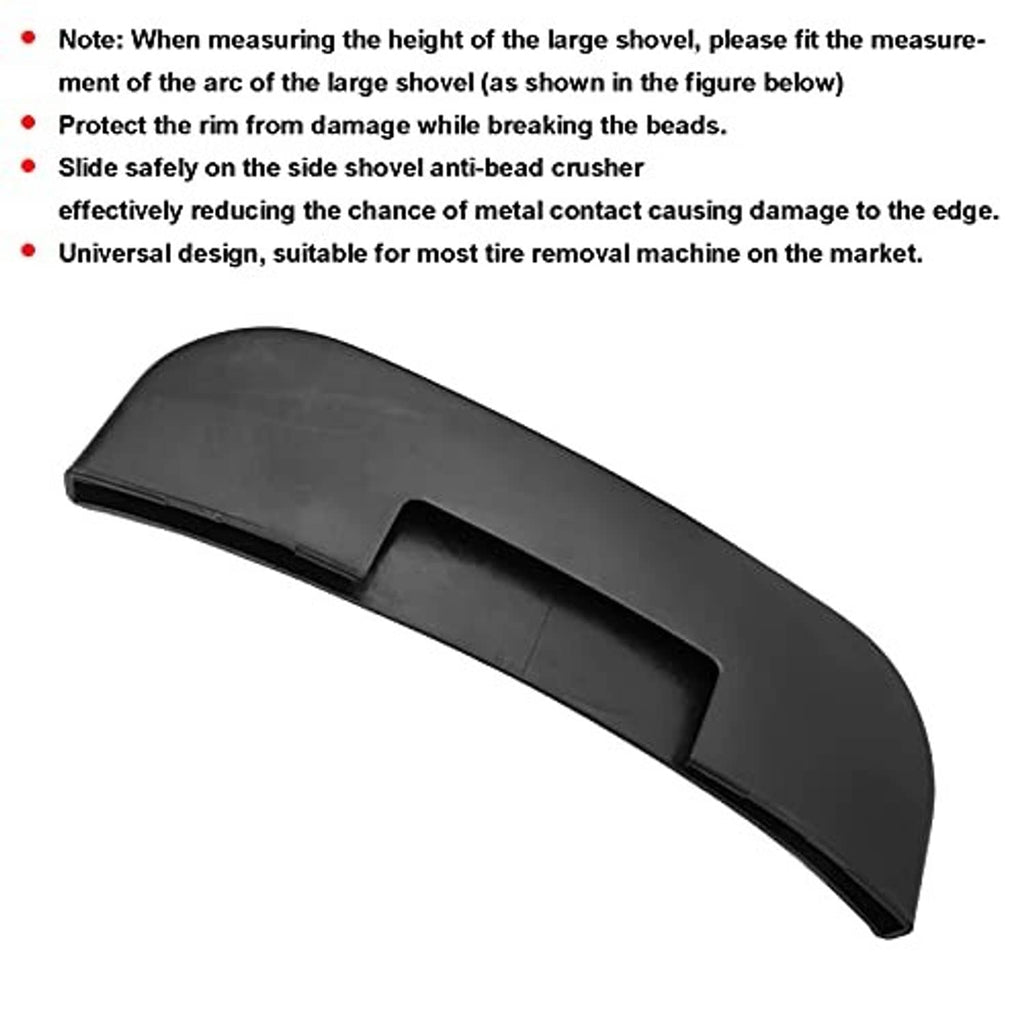 Black ABS tire bead breaker protective sleeve with long raised edge and central notch