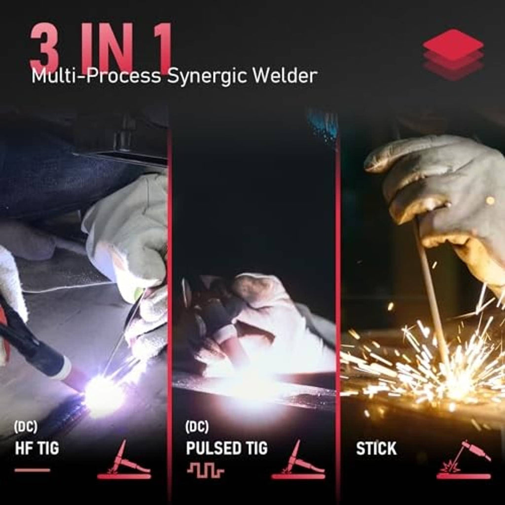 3-in-1 welding machine showing TIG, pulsed TIG, and stick welding