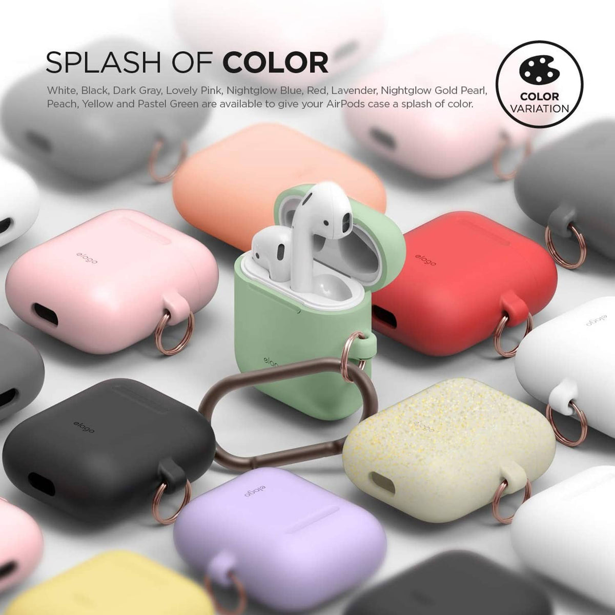 Pastel silicone AirPods cases with bronze carabiners, including mint green