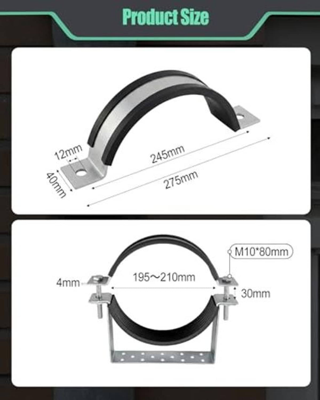 Split ring pipe hanger size diagram with black ring and stainless wall bracket dimensions
