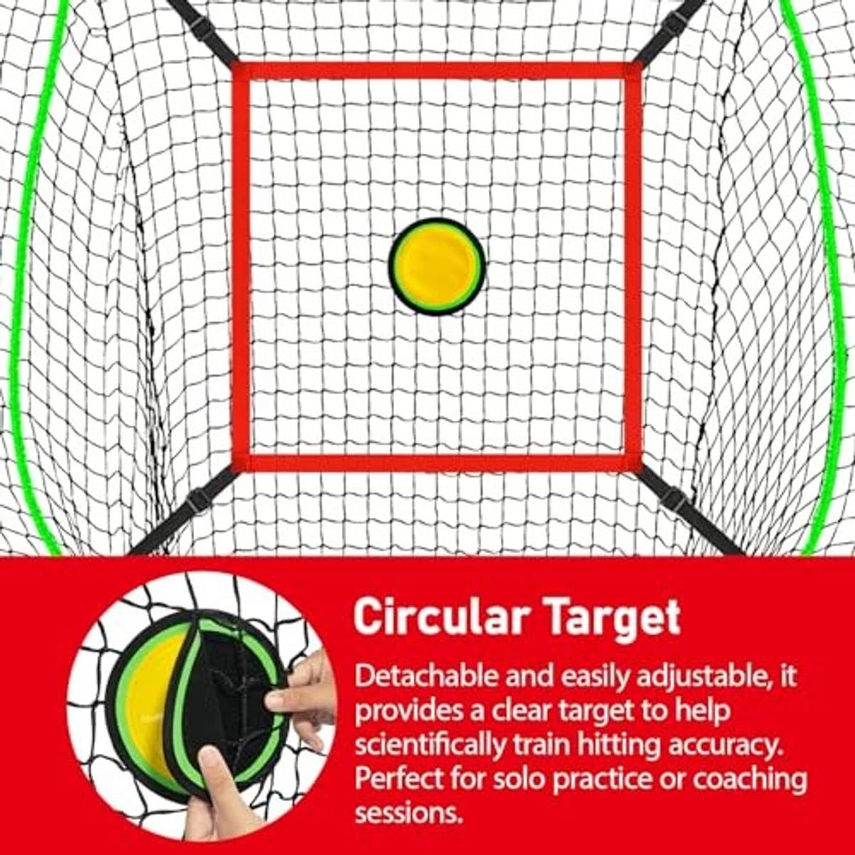 Baseball net strike zone with red border and bright yellow circular target