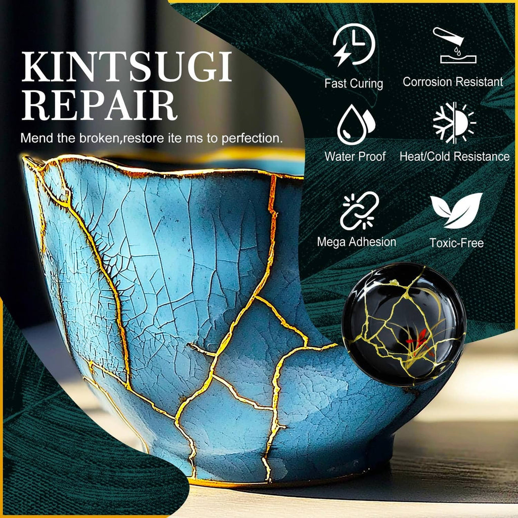 Ceramic bowl with blue crack lines sealed using gold repair finish