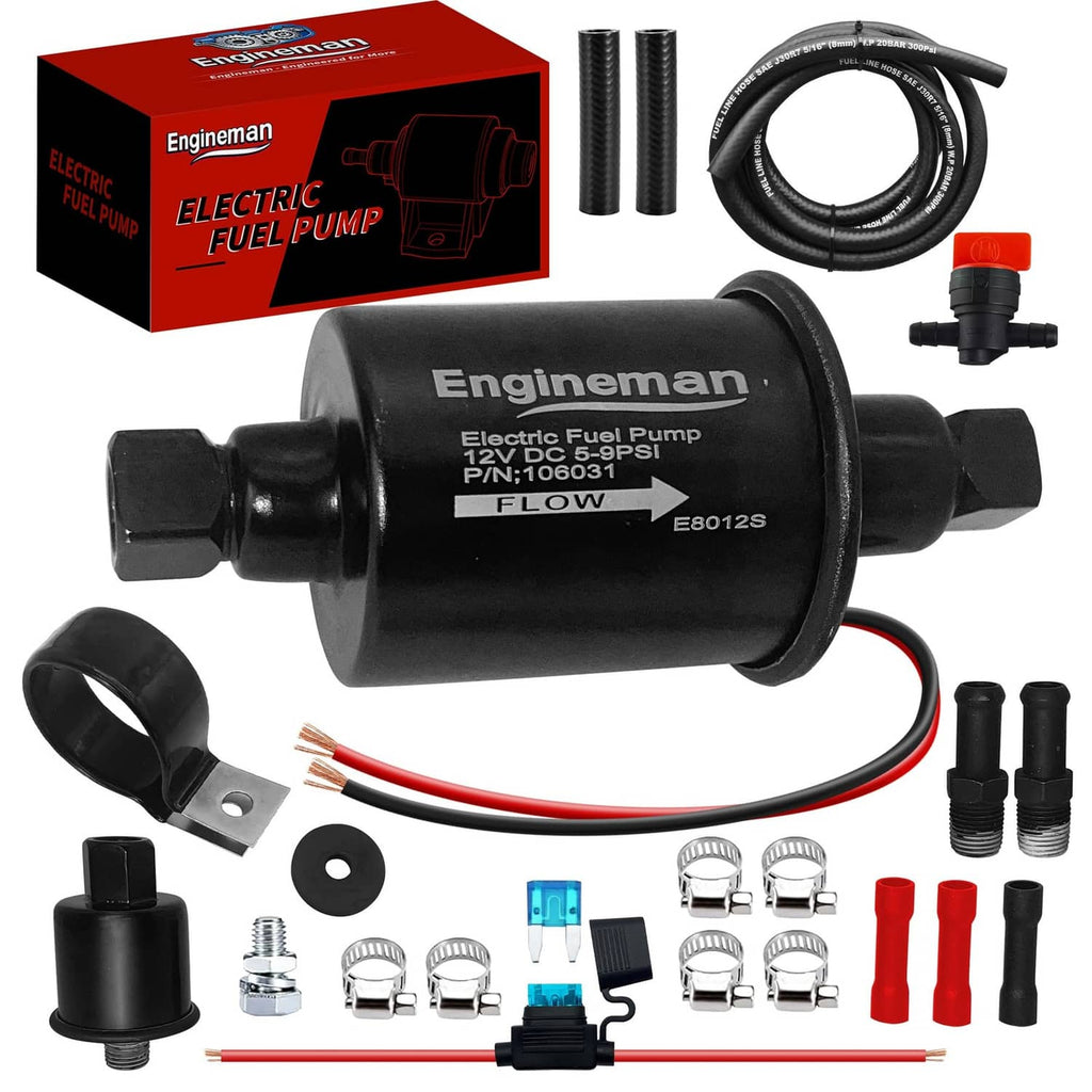 Black 12V inline electric fuel pump kit with wiring, fittings, and hose
